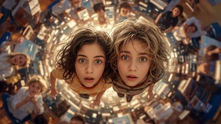 In a vibrant, cinematic photograph with a whimsical Pixar-like style, a science fair duo—a girl with curly brown hair and a b