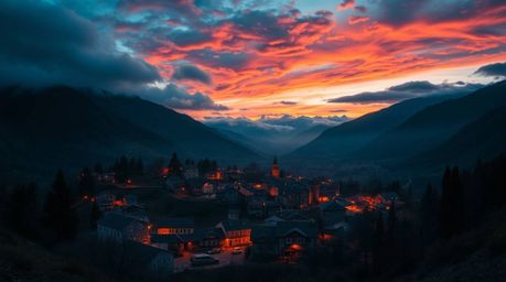 Escape to a cozy village nestled in a picturesque valley, bathed in the warm glow of candlelight.  A colorful sky overhead cr