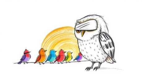 A heartwarming hand-drawn sketch in the style of Pixar depicts a gentle, blind owl with soft feathers teaching a classroom of