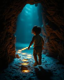 A captivating image showcasing a child with dark hair and fair skin embarking on an adventurous journey into a mysterious cav