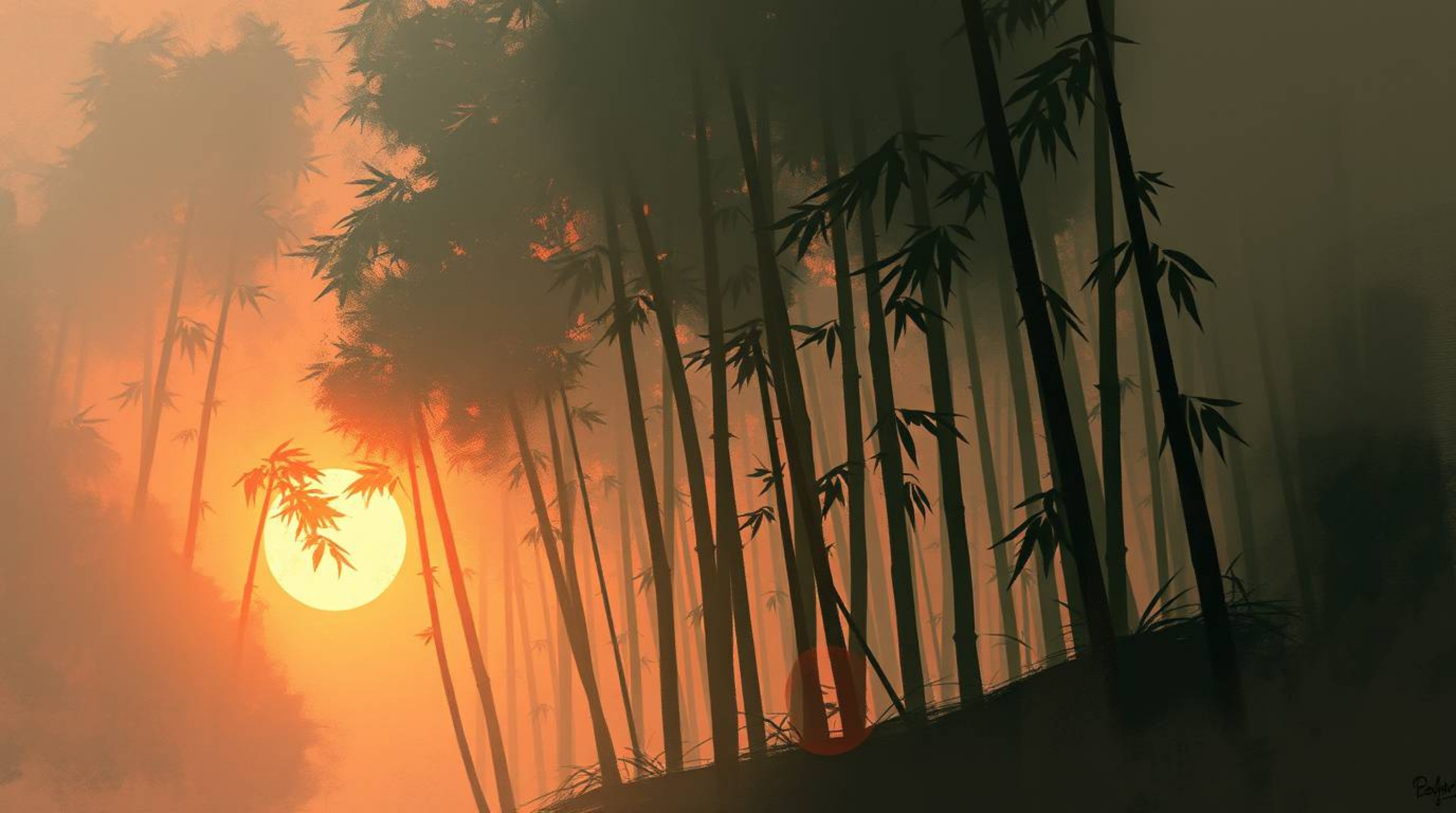 Experience the ethereal beauty of a bamboo forest bathed in warm sunset light. This digital painting showcases loose painterl