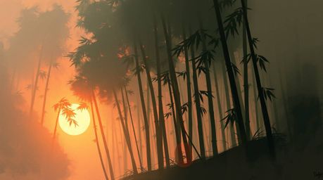 Experience the ethereal beauty of a bamboo forest bathed in warm sunset light. This digital painting showcases loose painterl