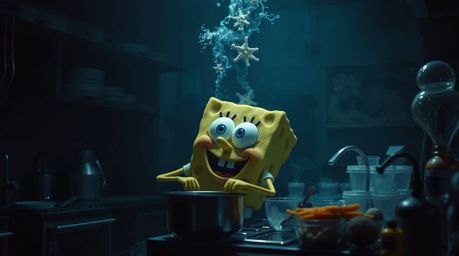 Discover a high-resolution stock photo featuring a sponge character immersed in an underwater kitchen setting. This image emp
