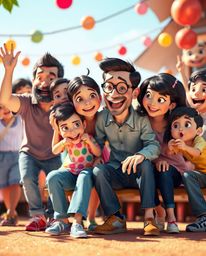 Capture the joyous and energetic spirit of a family reunion with this high-resolution stock photo in the beloved Pixar style.
