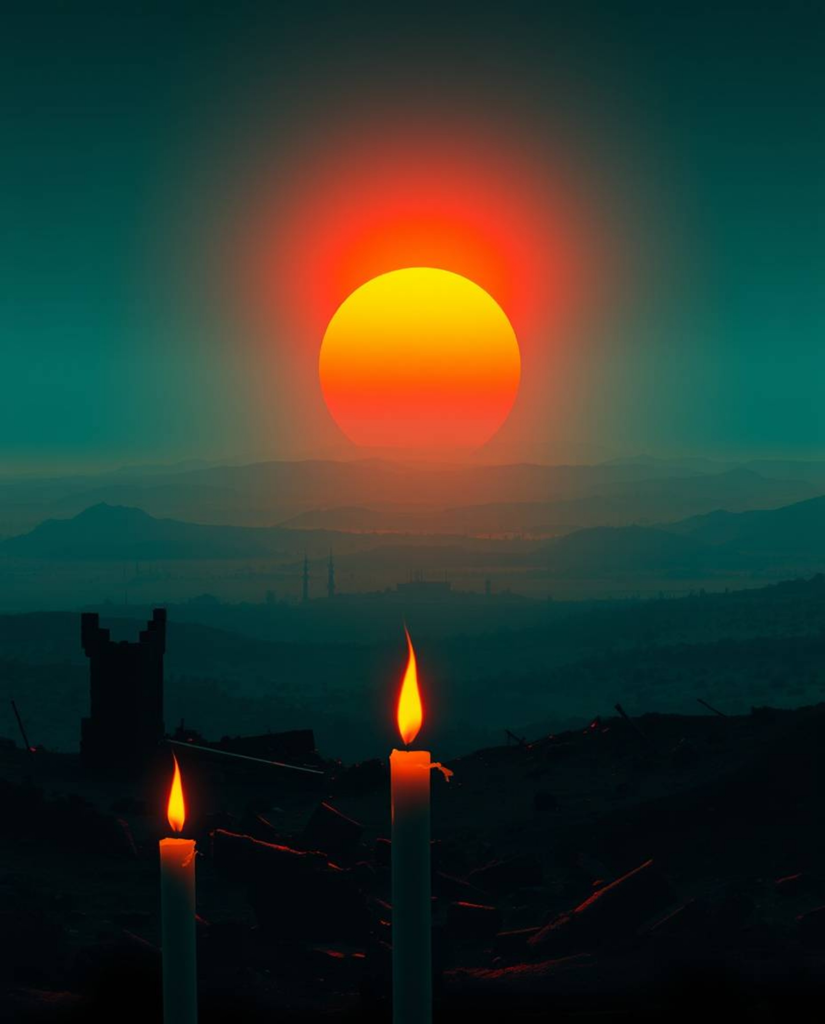 A captivating image depicting a sunrise over a war-torn landscape, uniquely illuminated by the warm glow of candlelight.  Ric