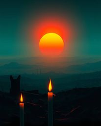 A captivating image depicting a sunrise over a war-torn landscape, uniquely illuminated by the warm glow of candlelight.  Ric