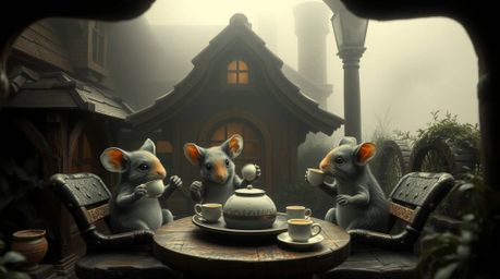 A captivating architectural photograph showcases anthropomorphic mice enjoying tea in a charming cottage enveloped by thick f