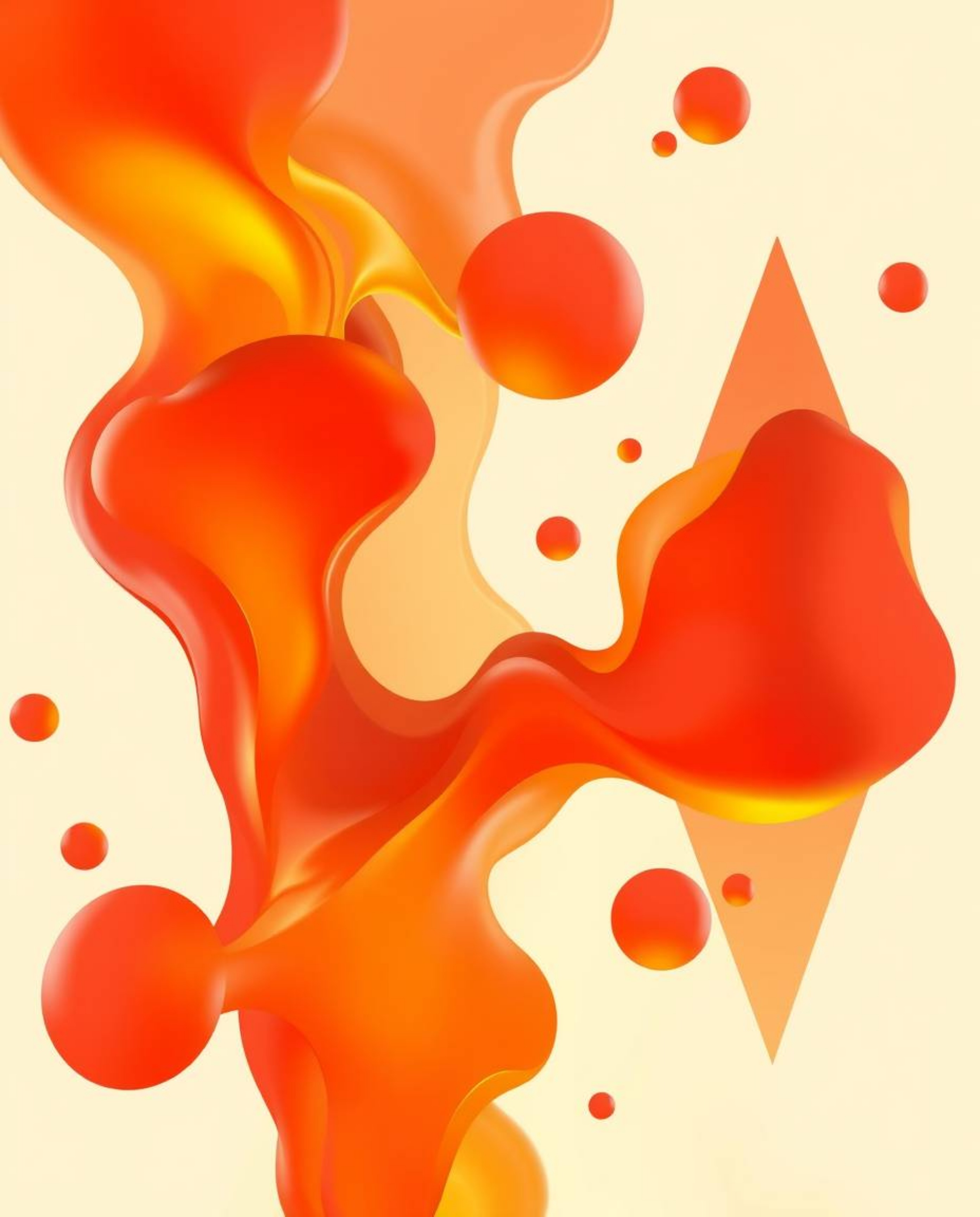 This digital painting showcases a mesmerizing abstract composition where warm, colorful 3D fluid shapes playfully interact wi