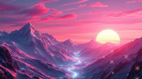 Immerse yourself in a futuristic sci-fi world with this creative light art piece. It depicts snow-covered mountains bathed in