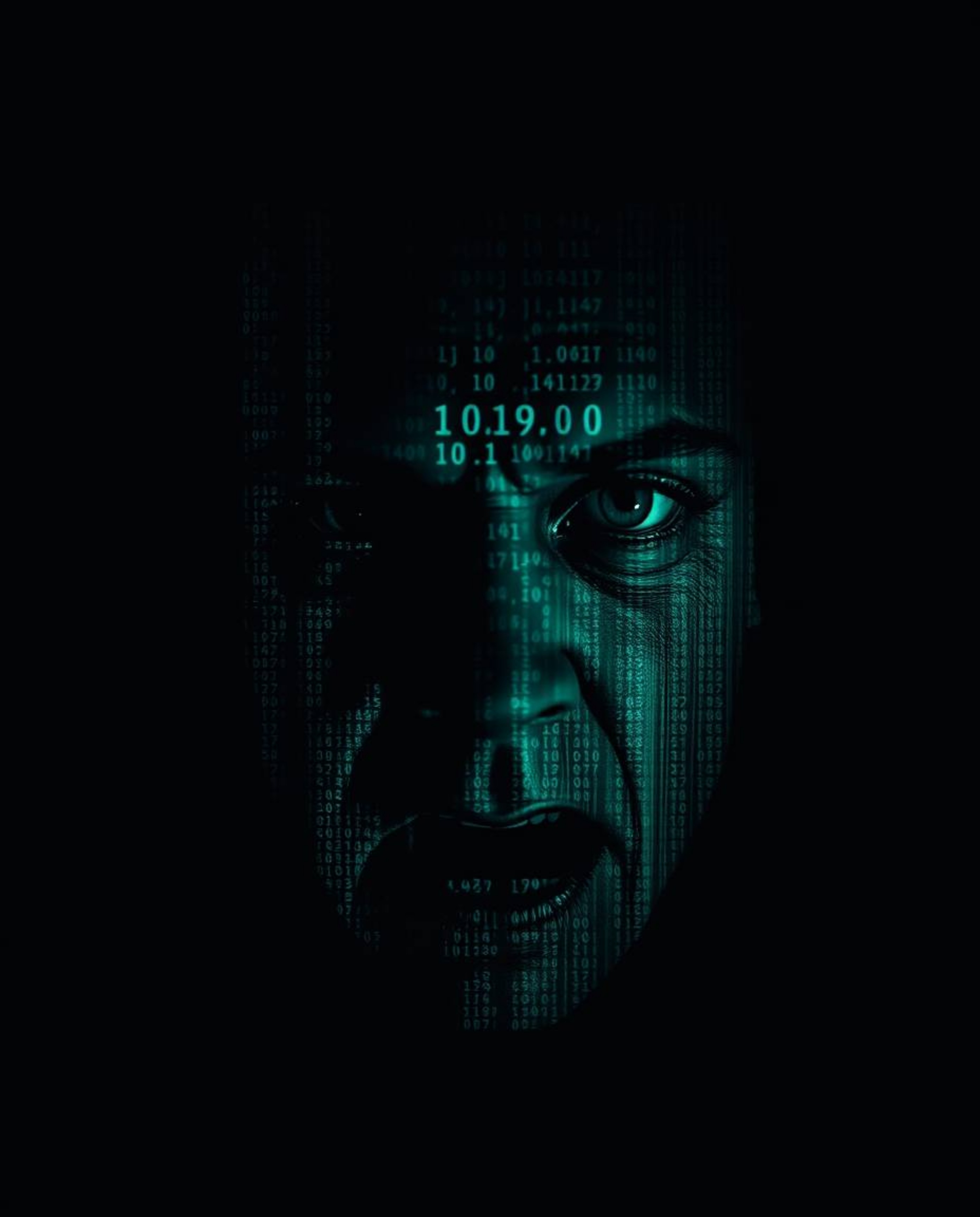 A chilling digital art piece depicts a human face morphing into a data stream, engulfed by a digital glitch.  The eerie atmos
