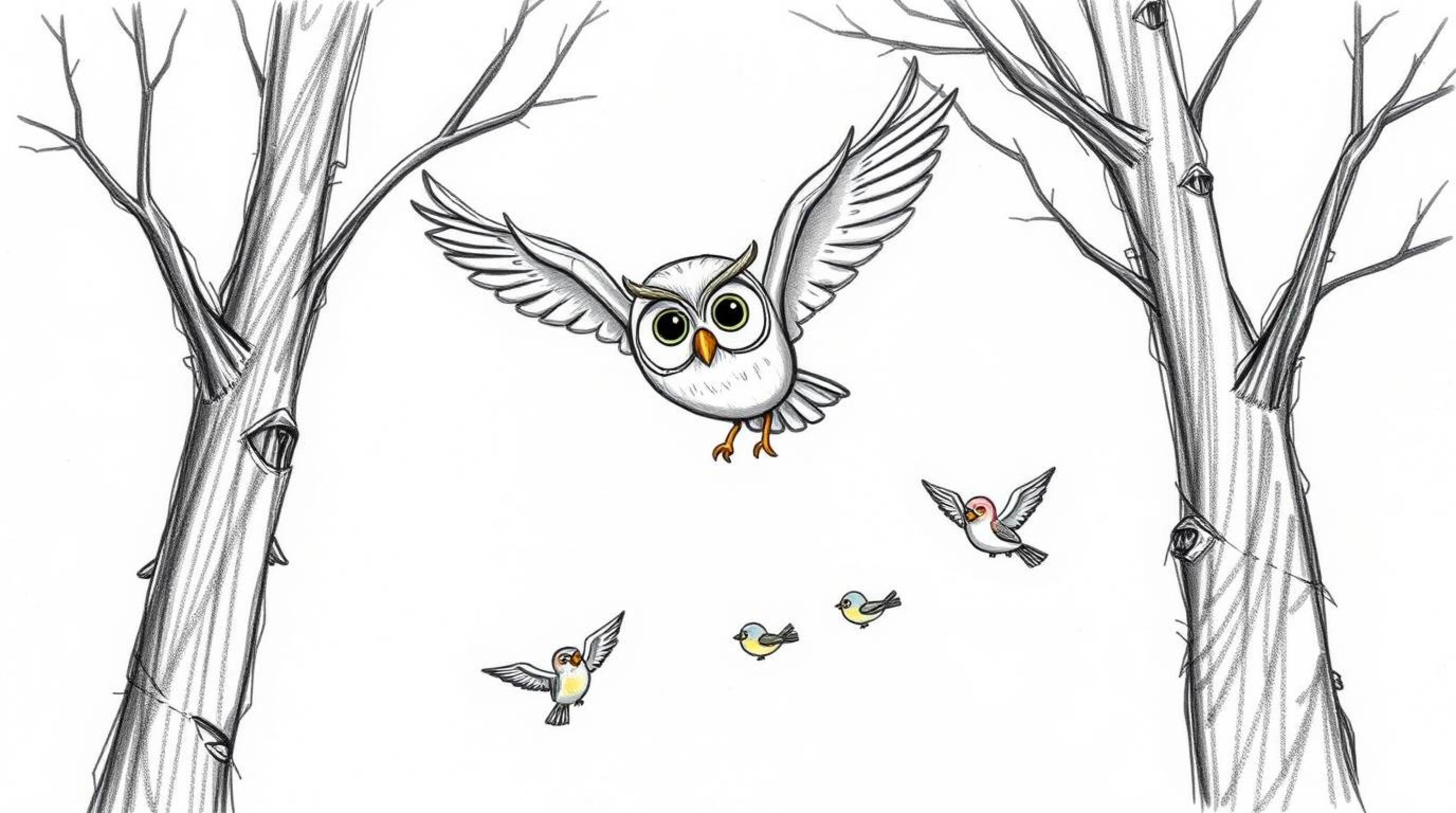 A heartwarming hand-drawn sketch in the style of Pixar depicts a wise, blind owl gliding gracefully between trees, mentoring 