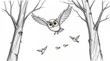 A heartwarming hand-drawn sketch in the style of Pixar depicts a wise, blind owl gliding gracefully between trees, mentoring 