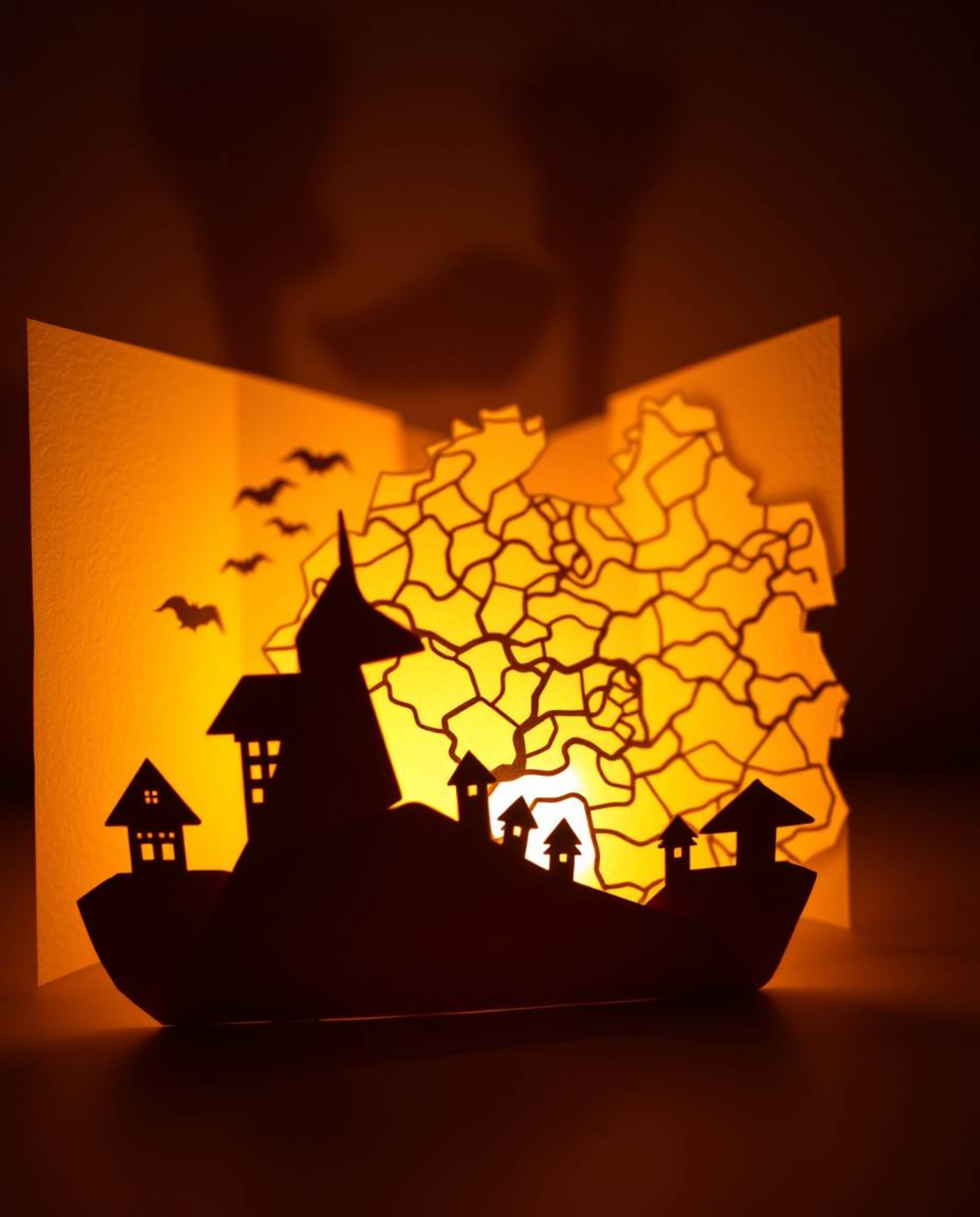 A mesmerizing artwork featuring an intricate origami-style glowing map silhouetted against dramatic backlighting in a vintage