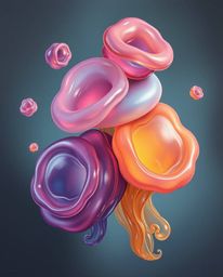 A classic oil painting featuring floating 3D blobs of fluid jelly, rendered with vibrant colors and synthetic textures. The a