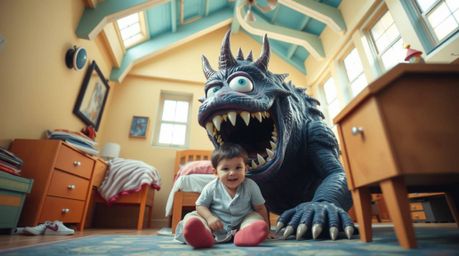 A captivating architectural color photograph captures a lively and energetic scene where a monster under the bed is befriendi