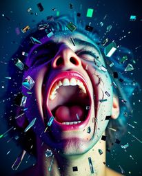 A captivating image depicting a person screaming as their world disintegrates into a mesmerizing pixelated landscape of cool 