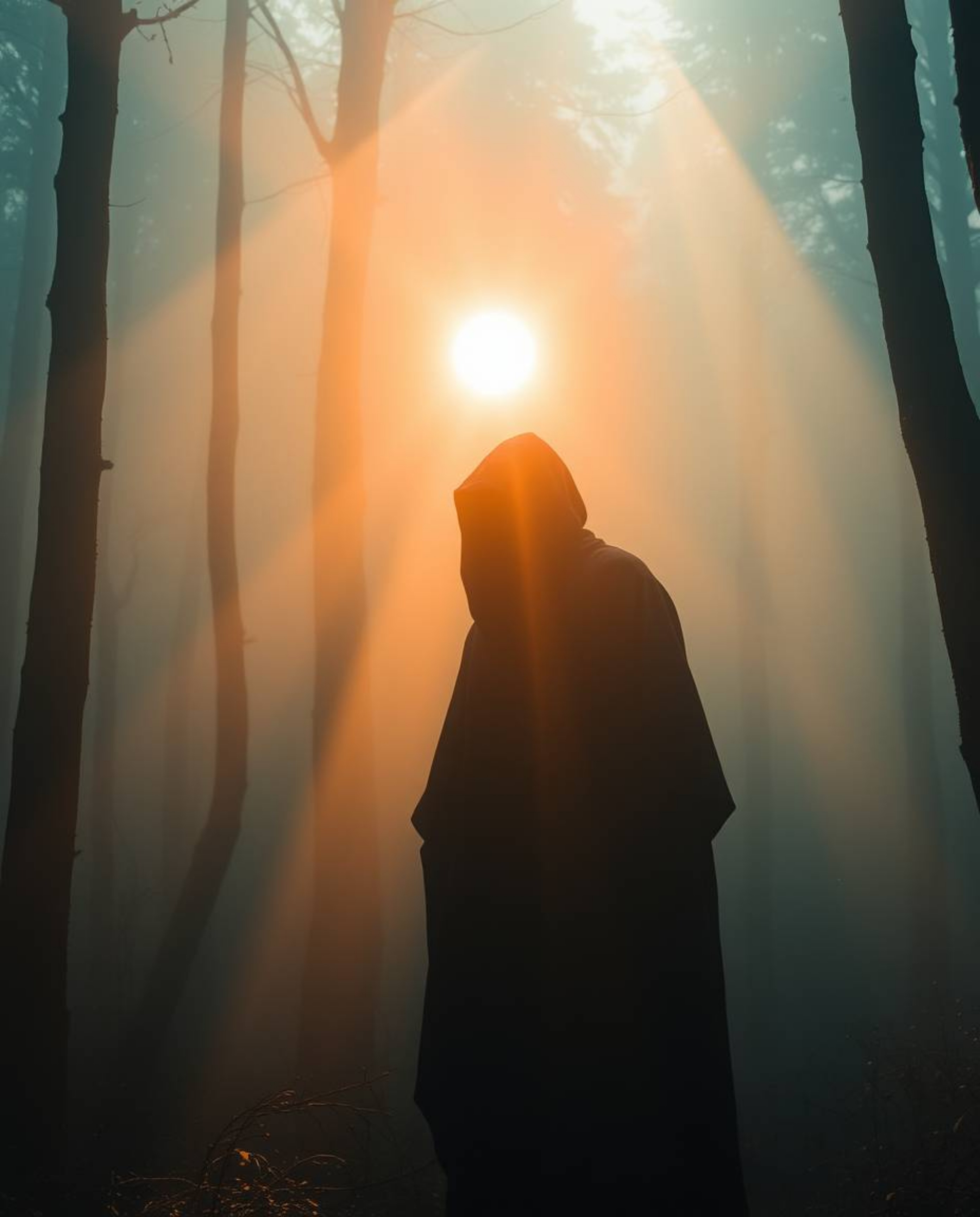 A captivating image featuring volumetric lighting illuminating a misty forest, showcasing a cloaked figure holding a glowing 