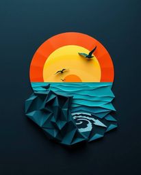 An intricate origami-style artwork depicts a sunset over a coastal cliff with soaring birds. The piece is rendered in rich de
