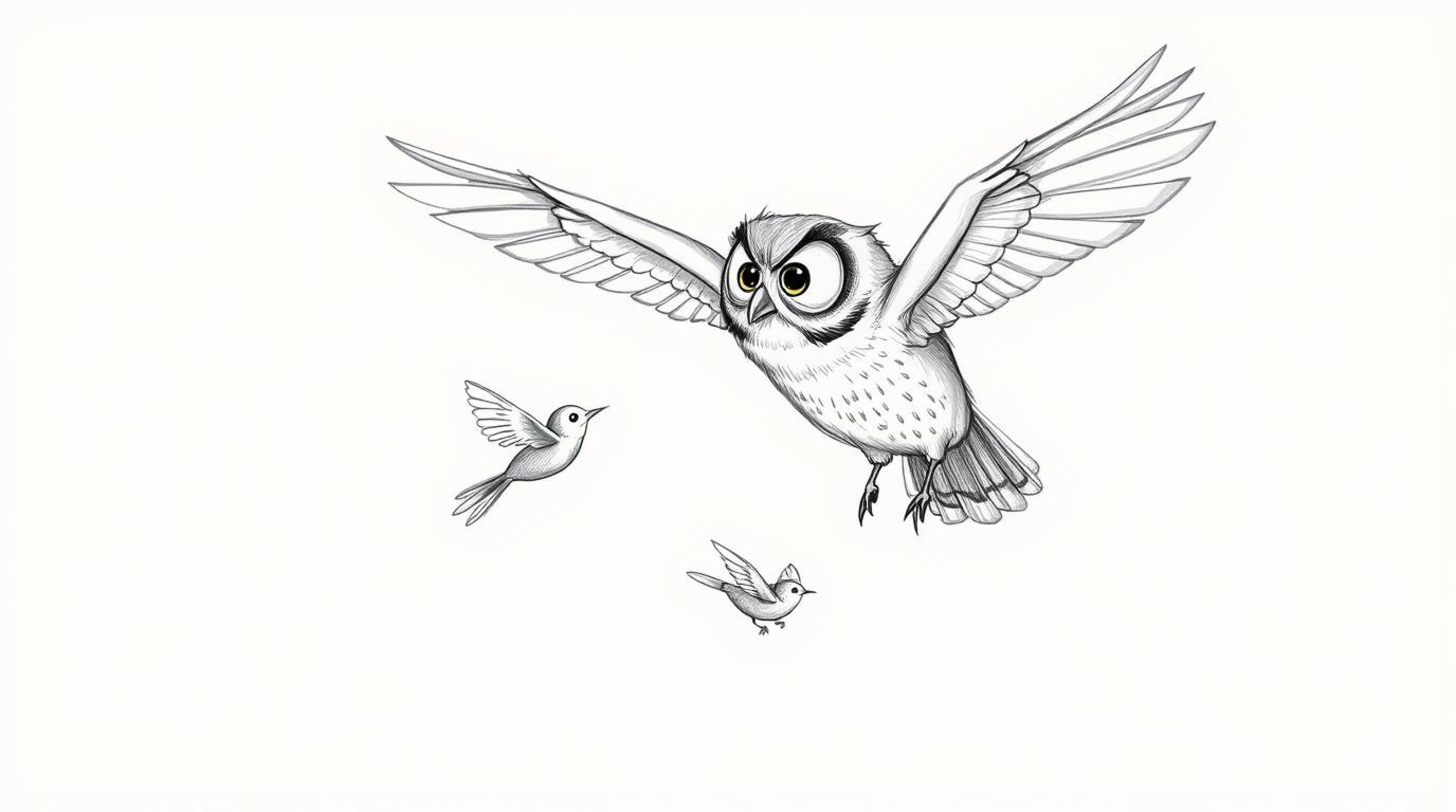 Imagine a heartwarming scene: a blind owl, lovingly rendered in a hand-drawn Pixar style sketch, patiently guides a group of 