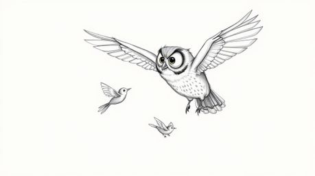 Imagine a heartwarming scene: a blind owl, lovingly rendered in a hand-drawn Pixar style sketch, patiently guides a group of 