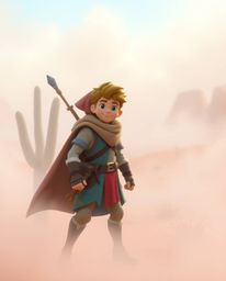 Embark on a captivating Disney-style desert adventure featuring a brave hero navigating a soft pastel landscape obscured by t