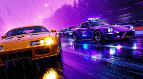 Experience a vibrant and chaotic racing scene featuring outlandish cars in vivid purples and high contrast. Set in a wet, rai