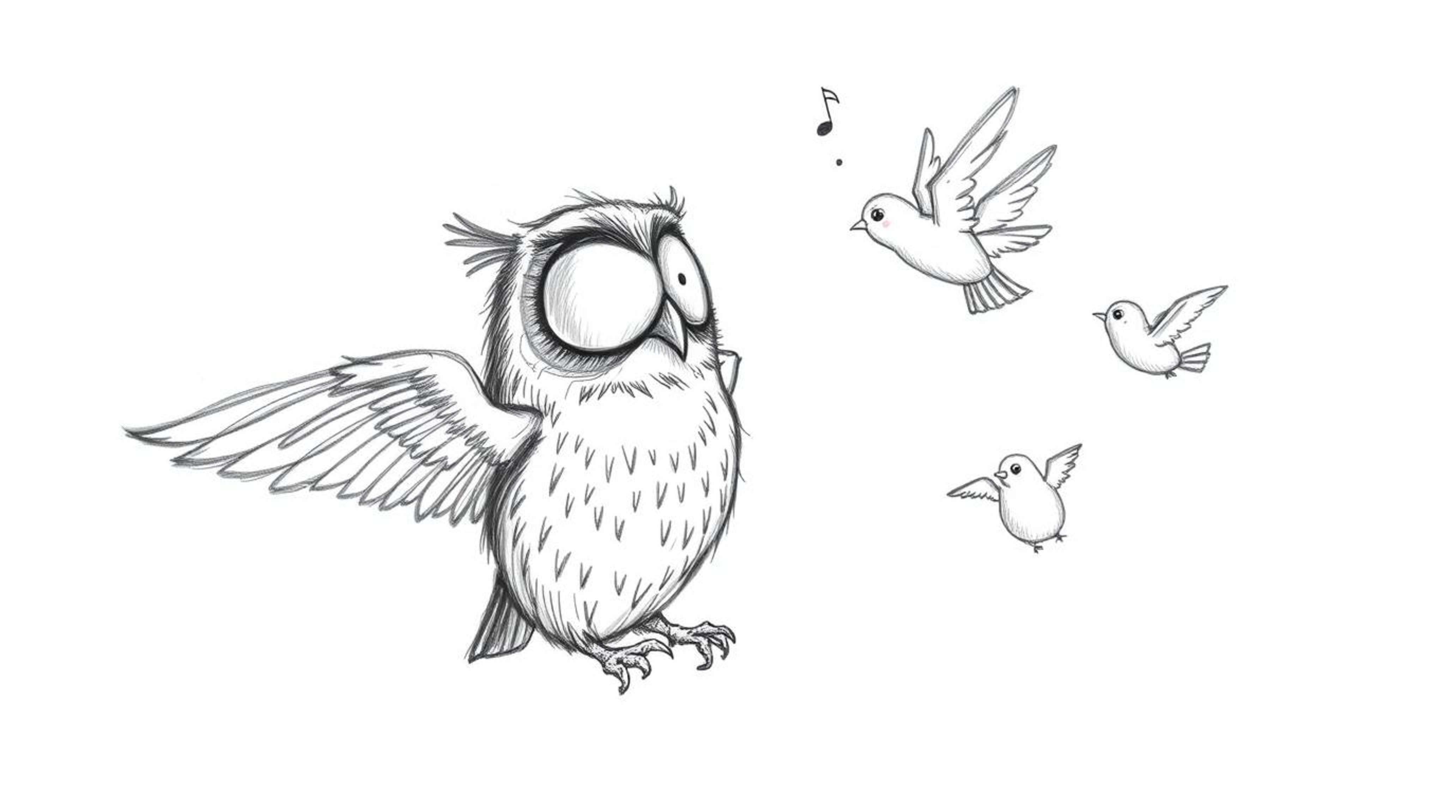 A charming hand-drawn sketch in the style of Pixar depicts a blind owl, bravely teaching a group of birds how to fly.  The ow