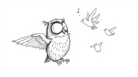 A charming hand-drawn sketch in the style of Pixar depicts a blind owl, bravely teaching a group of birds how to fly.  The ow
