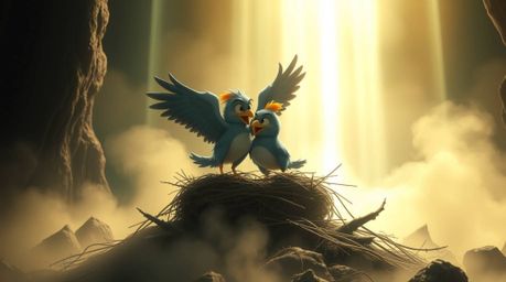 Witness an epic and grand scene featuring two cartoon birds, rendered in a classic animation style, diligently constructing a
