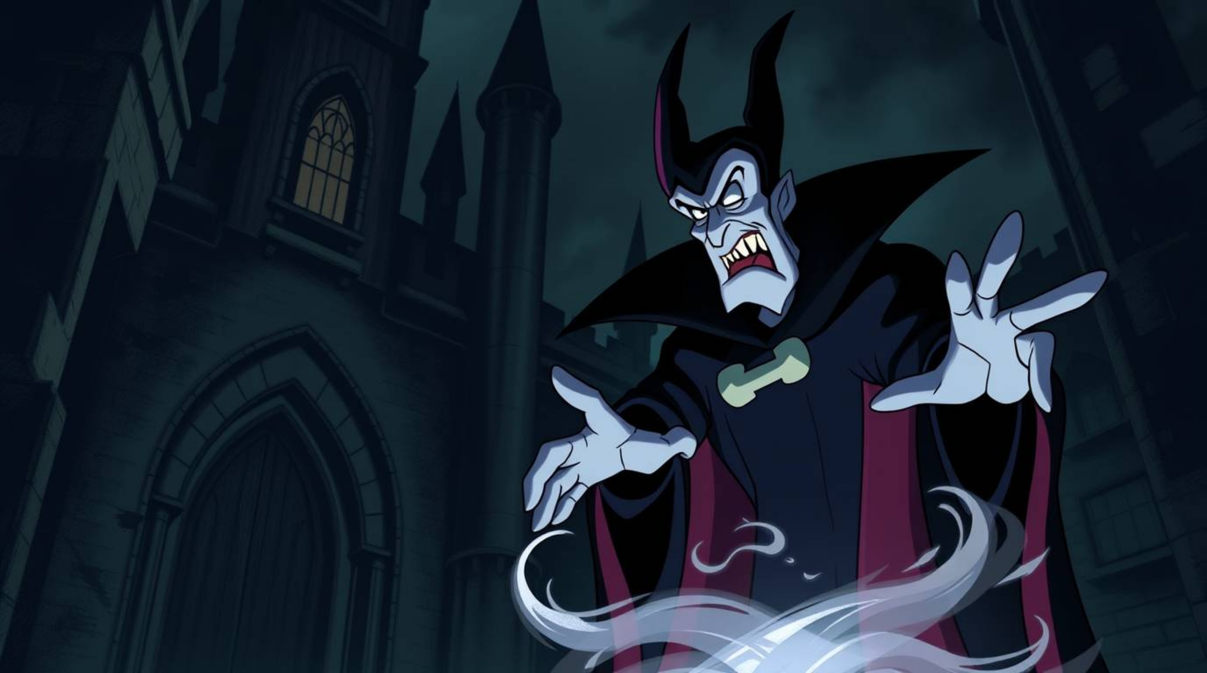A moody, low-contrast illustration depicting a classic Disney villain with defined features, intensely casting a spell within