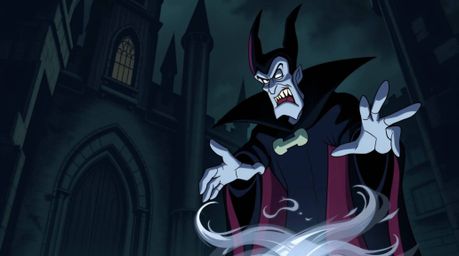 A moody, low-contrast illustration depicting a classic Disney villain with defined features, intensely casting a spell within