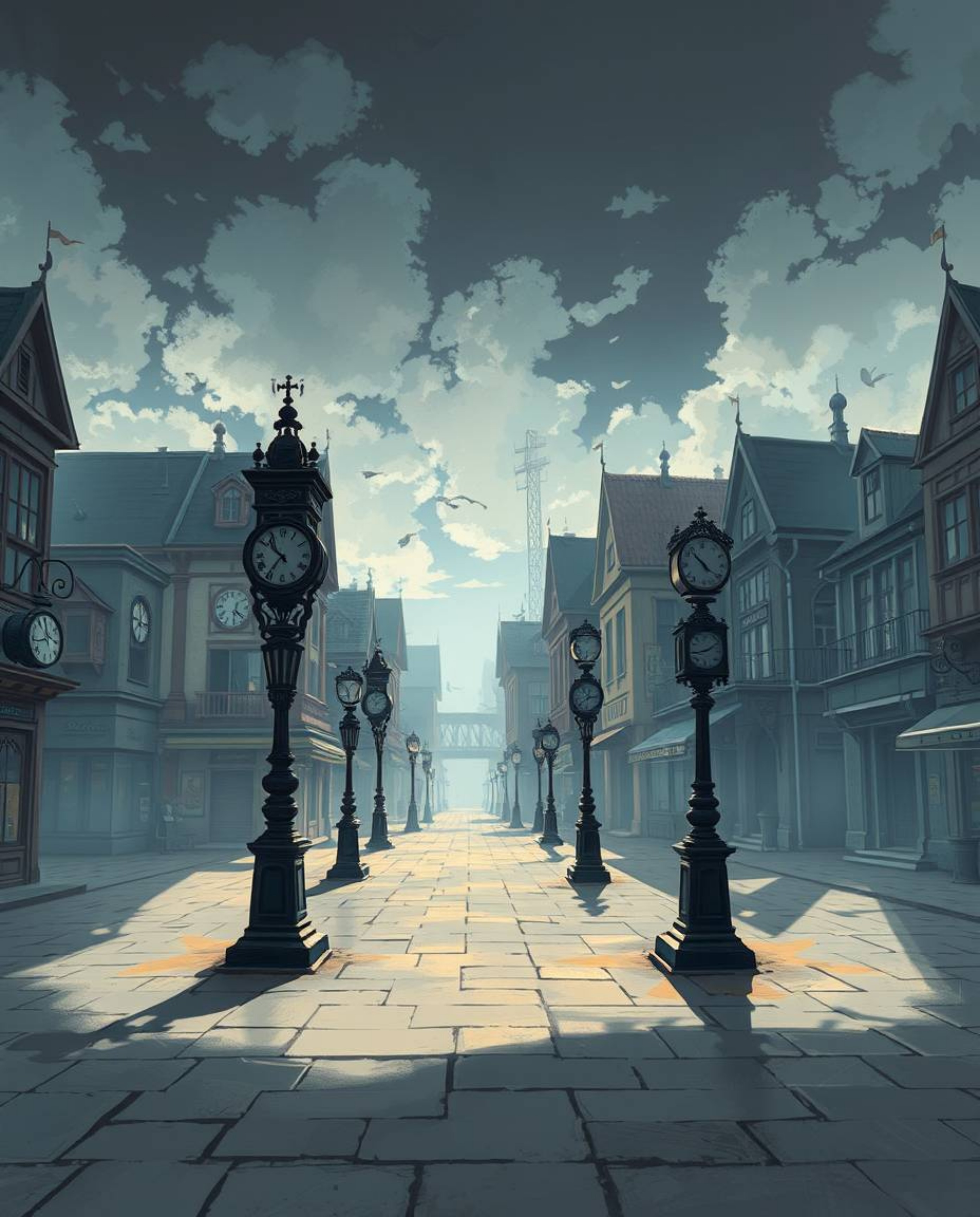 A digitally painted Isekai anime-style illustration depicts an eerily empty town square, populated only by numerous ticking c