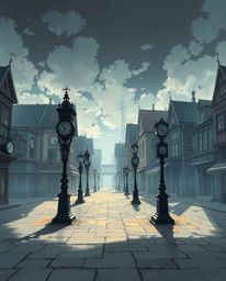 A digitally painted Isekai anime-style illustration depicts an eerily empty town square, populated only by numerous ticking c