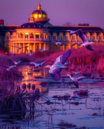 Precise architectural color photography of a Golden hour wetlands scene with herons in flight. This image showcases deep ultr