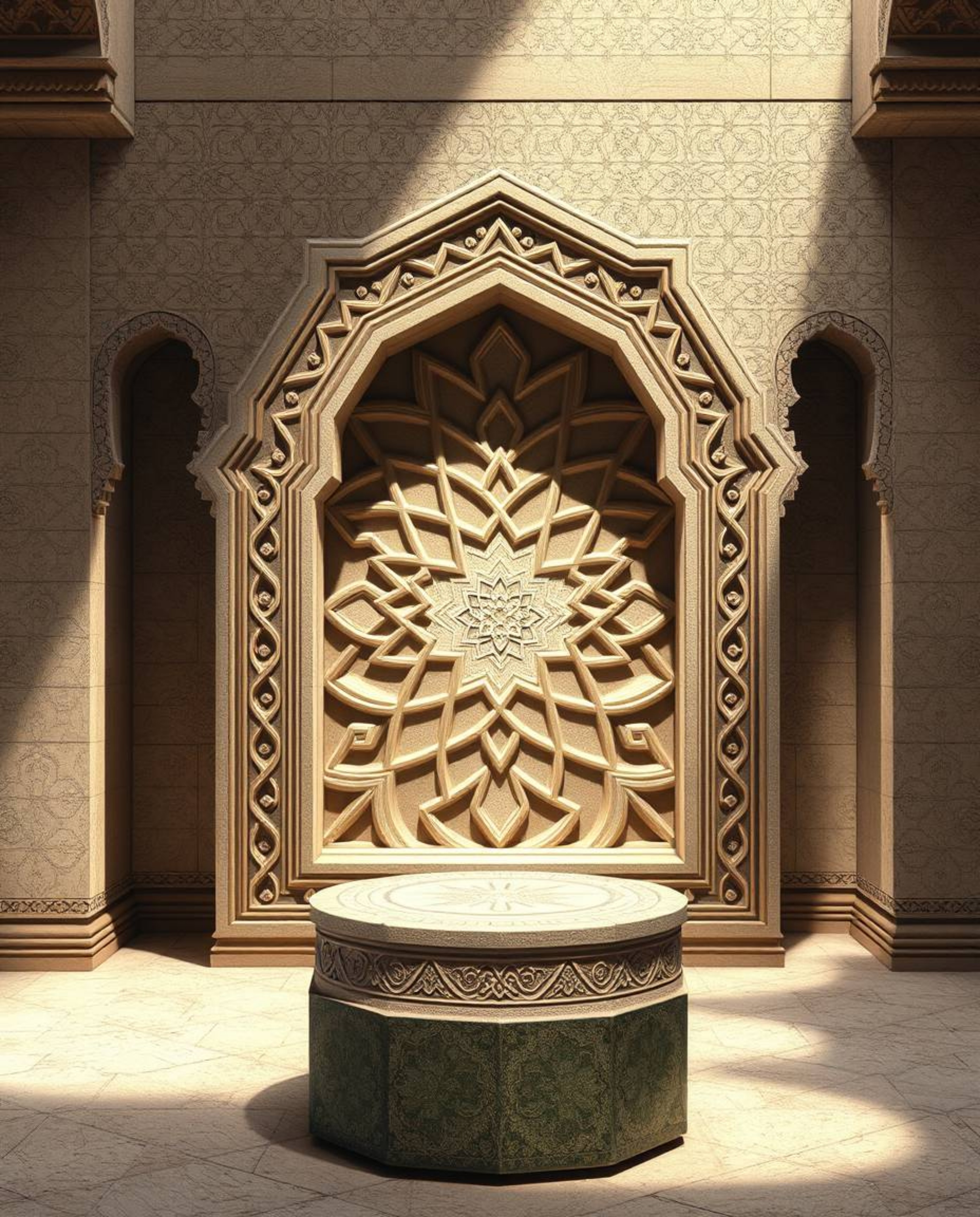 An elegant illustration showcasing Islamic geometric patterns meticulously carved in stone, rendered with soft lighting and d