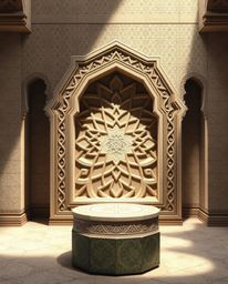 An elegant illustration showcasing Islamic geometric patterns meticulously carved in stone, rendered with soft lighting and d