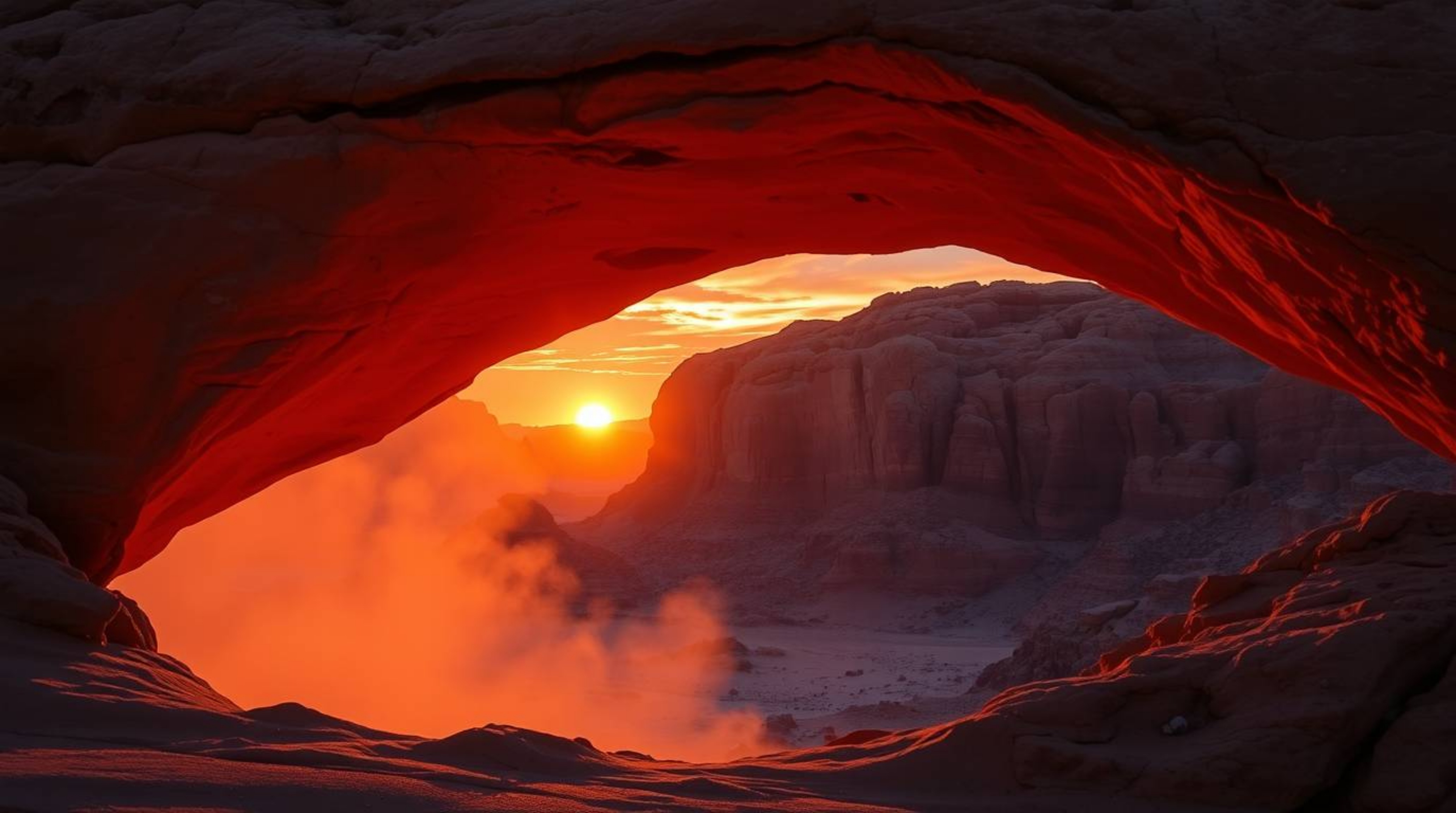 Capture the breathtaking beauty of a desert sunset viewed through a natural rock arch.  This stunning image showcases vibrant