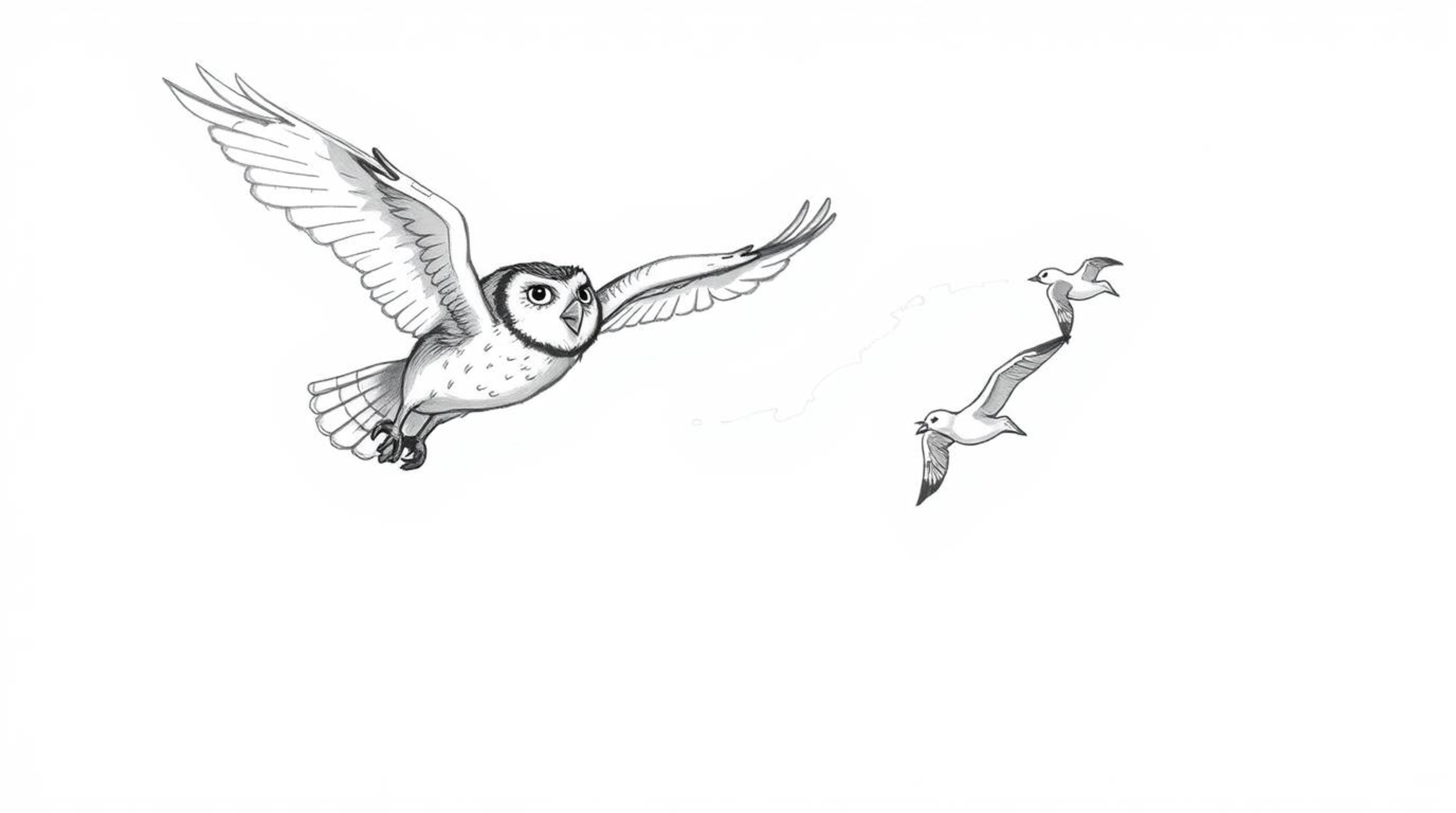 A heartwarming hand-drawn sketch reminiscent of Pixar, showing a blind owl in mid-flight, generously teaching several birds h