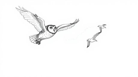 A heartwarming hand-drawn sketch reminiscent of Pixar, showing a blind owl in mid-flight, generously teaching several birds h