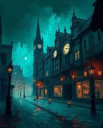 A digital painting depicts an eerie, unsettling atmosphere in an empty town square.  Rich teal and dark tones create a luxuri