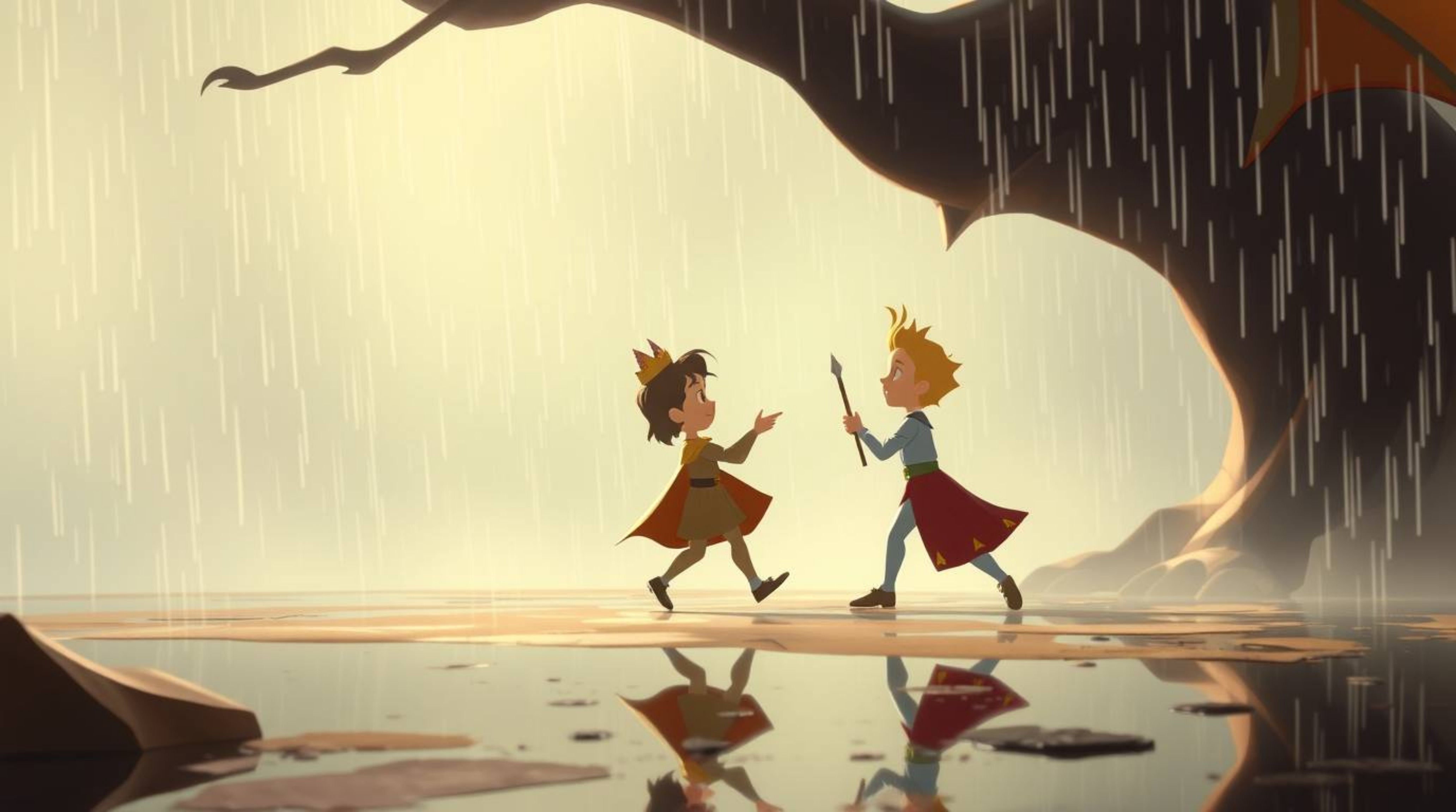 A charming prince battling a dragon in a hazy, soft-lit scene reminiscent of 1950s animation. The drizzling rain adds to the 