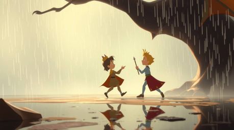 A charming prince battling a dragon in a hazy, soft-lit scene reminiscent of 1950s animation. The drizzling rain adds to the