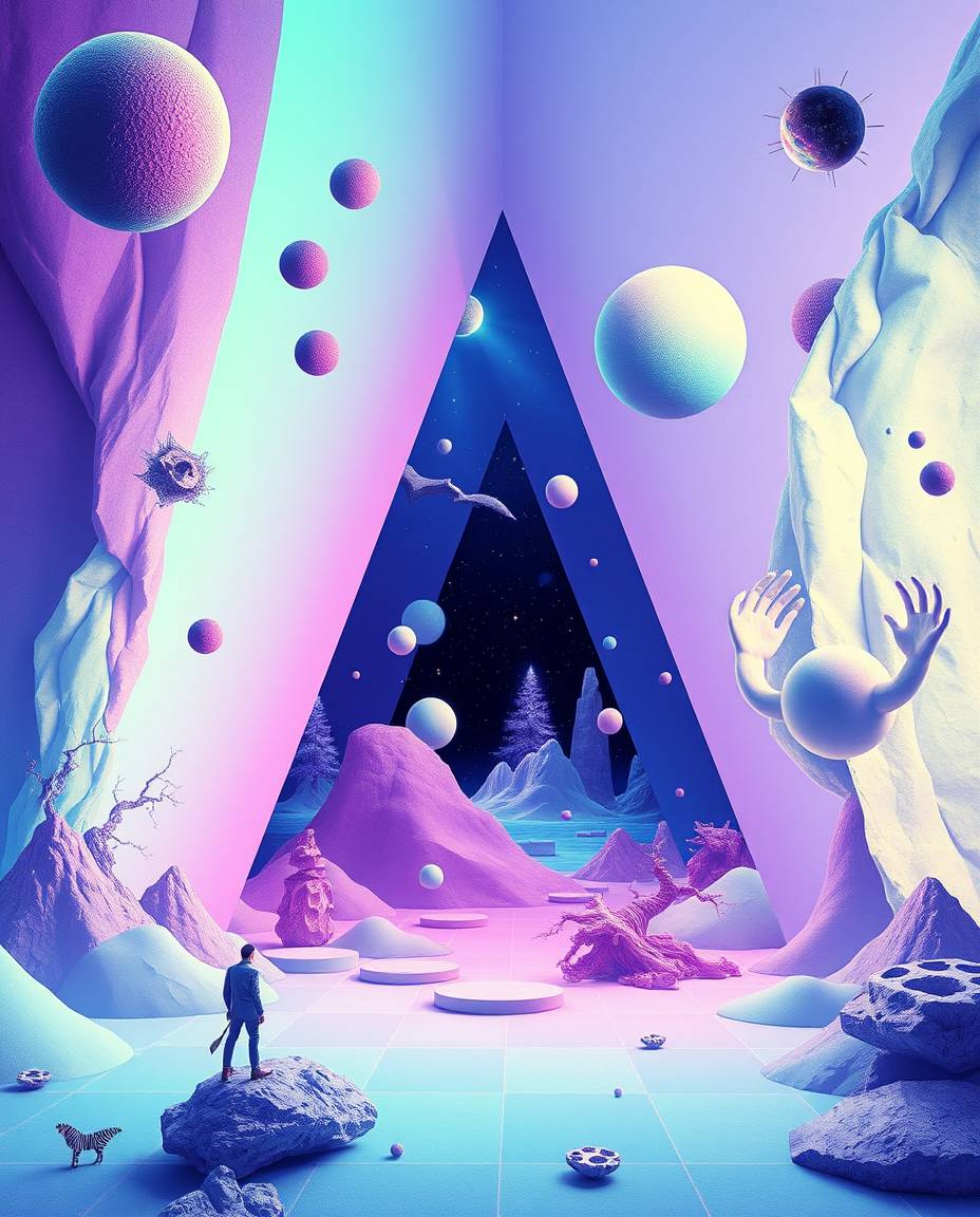 Immerse yourself in a dreamlike world of cool colors and surreal imagery. This captivating scene features a geometric pattern