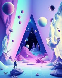 Immerse yourself in a dreamlike world of cool colors and surreal imagery. This captivating scene features a geometric pattern