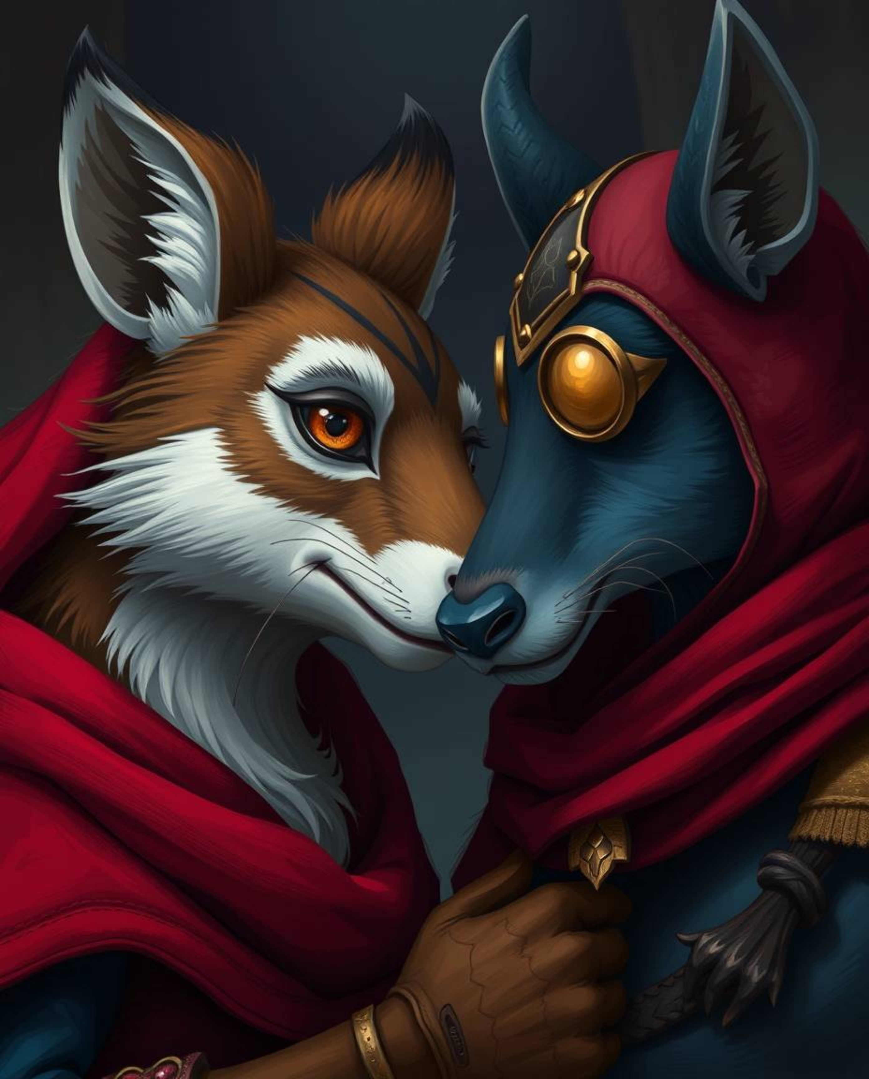 Experience an epic adventure with a close-up shot featuring a hero aided by their talking animal sidekick. Rich burgundy and