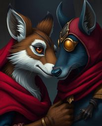 Experience an epic adventure with a close-up shot featuring a hero aided by their talking animal sidekick. Rich burgundy and