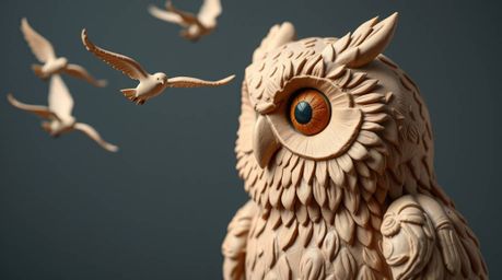 This sculptural clay artwork, inspired by Pixar's distinctive style, depicts a blind owl guiding birds into flight.  The piec