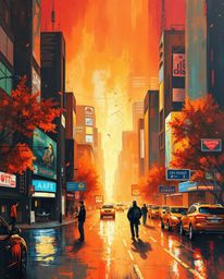 Explore a captivating collection of acrylic paintings depicting a futuristic city in glitch mode.  Vibrant autumnal colors bl