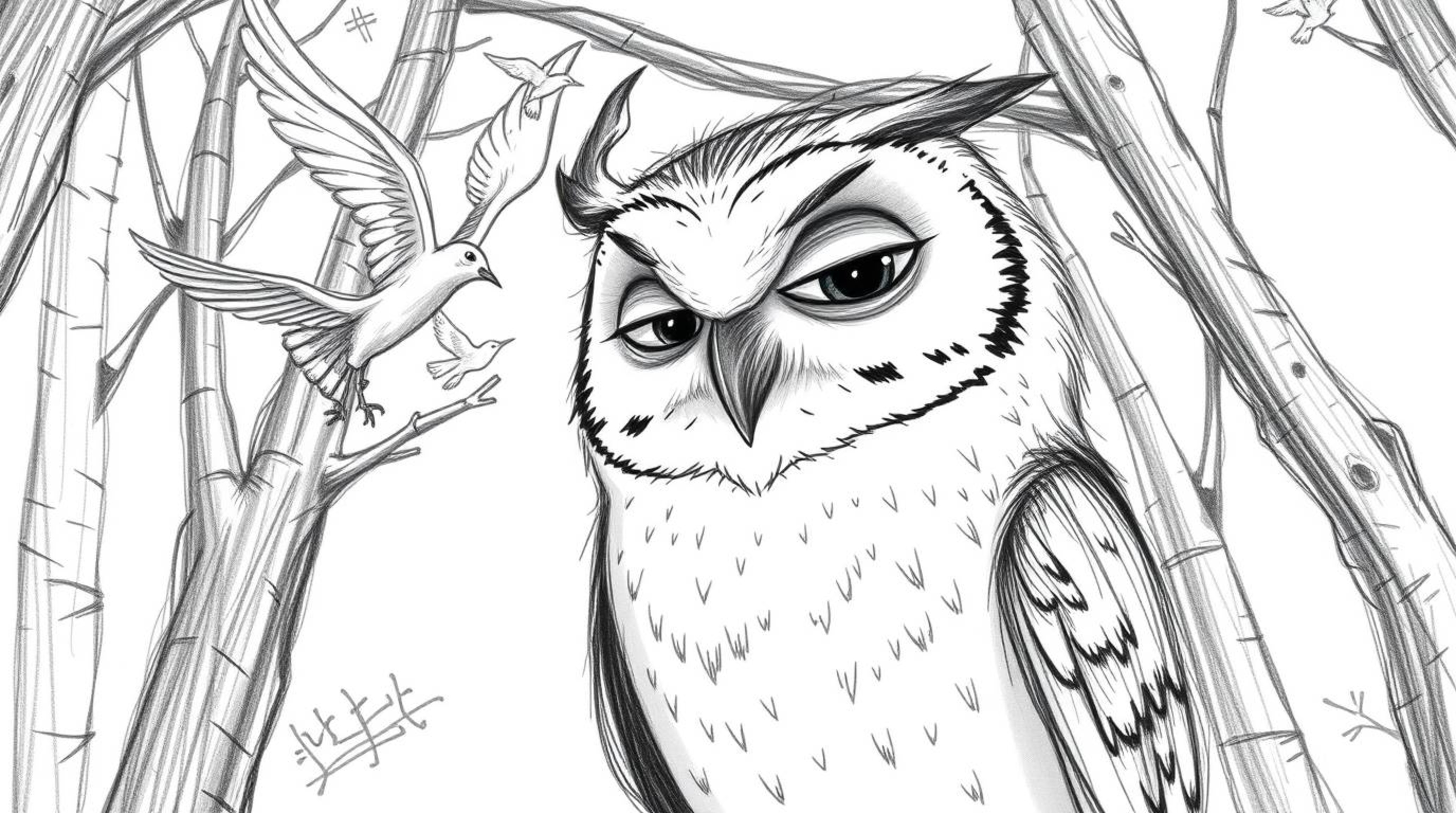 A captivating hand-drawn sketch in the style of Pixar, depicting a blind owl with expressive features teaching birds to fly. 