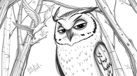 A captivating hand-drawn sketch in the style of Pixar, depicting a blind owl with expressive features teaching birds to fly. 